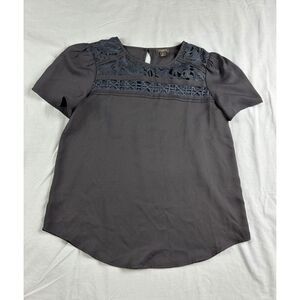 Ann Taylor Petites Women's Lace Applique Blouse Size SP Navy Short Sleeve
